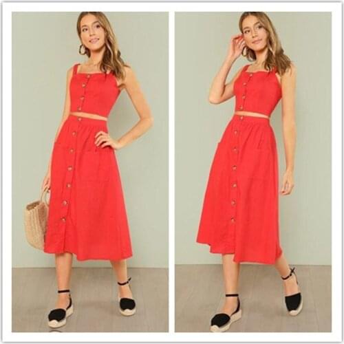 DUISNENA boho dress red solid color sexy strap backless women dresses top and skirt high waist robe mujer midi vestidos