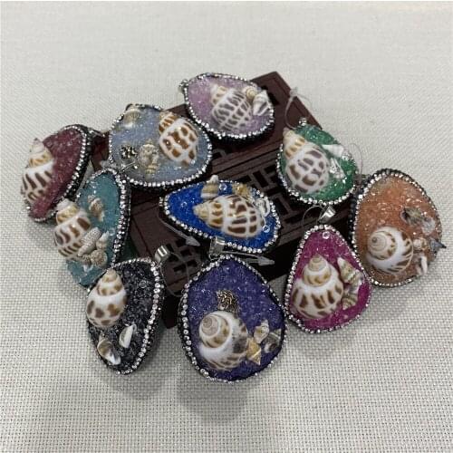 Natural Stone Resin Shell Pendant with Rhinestone Irregular Shaped Color Necklace Pendant DIY Handmade Crafts Gift Decoration