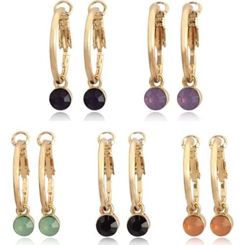 Causal Gold Color Plating Multi Colored Stone Decorated Hoop Earrings For Women Girl Cute Delicate Beautiful Charm Jewelry