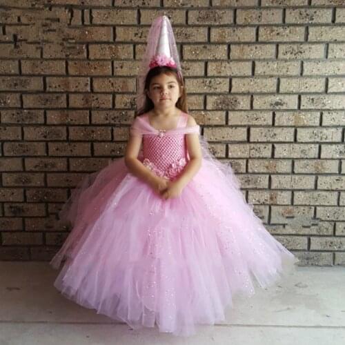 V- shaped Pink Glittery Ball Gown Tutu Dress Princess Stunning Flower Birthday Party Tulle Dress Wedding Photograph Clothes