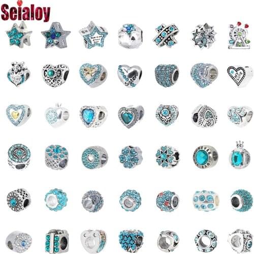 Seialoy Cyan-blue Rhinestone Flower Beads Heart Crystal Star Charm Fit Bracelet & Necklace Silver Color Jewelry Accessory Beaded