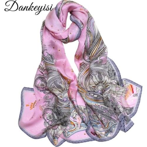 DANKEYISI Women Natural Silk Scarf Female Long Shawl Pure Silk Scarves Wraps Print Plus Size Shawls Neck Scarf Beach Cover-ups