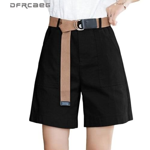 Loose Cotton Linen Women Summer Shorts With Belt 2021 High Waist Casual Ladies Wide Leg Short Trousers Knee Length Bermuda Femme