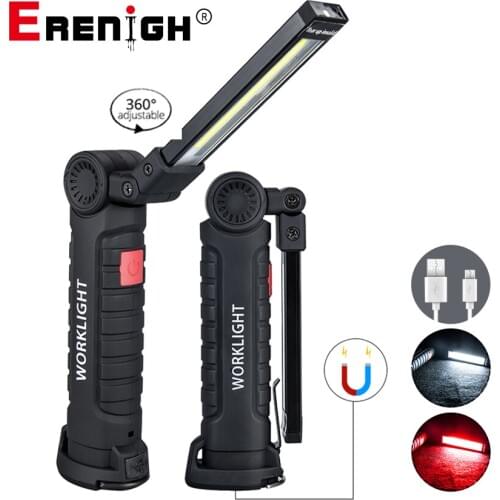 LED COB Flashlight Torch USB Rechargeable Work Light Magnetic Lanterna Foldable Hanging Hook Lamp For Outdoor Camping 5 Modes