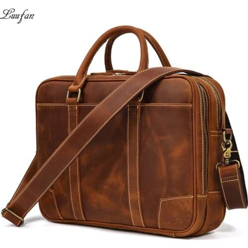 Vintage Mens Crazy Horse Genuine Leather Briefcase Business Handbag Cow Leather Fit 14" Laptop Portfolio Shoulder Messenger Bag