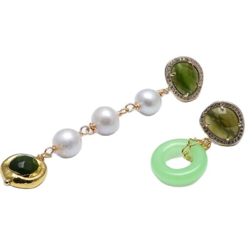 GuaiGuai Jewelry Natural White Keshi Pearl Green Jade Cats eye Gold Color Plated Dangle CZ Stud Earrings For Women
