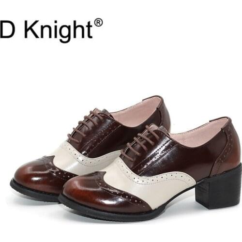 Genuine Leather Carved Oxfords Shoes Woman High Heels Pumps Vintage Lace Up Oxford Brogues Shoes For Women Sapatos Feminino Lady