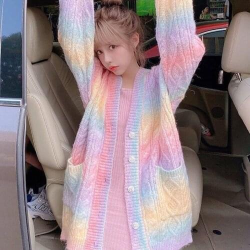 Autumn Winter Sweet Kawaii Sweater Coat Female Long Korean Button Down Cardigan Fall 2021 Women Rainbow Knitted Cardigan Women