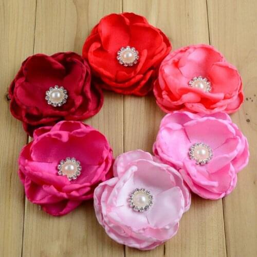 20 pcs/lot 3" Burned Edges-Ruffled petal- Satin Flowers with Rhinestone Center