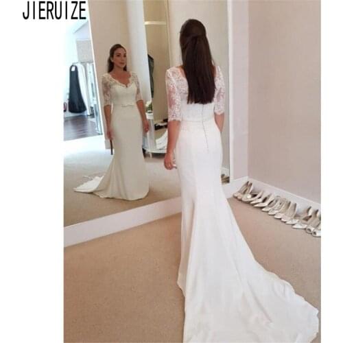JIERUIZE White Mermaid Wedding Dresses V Neck Half Sleeve Backless Lace Appliques With Bow Sashes Wedding Gowns vestido de noiva