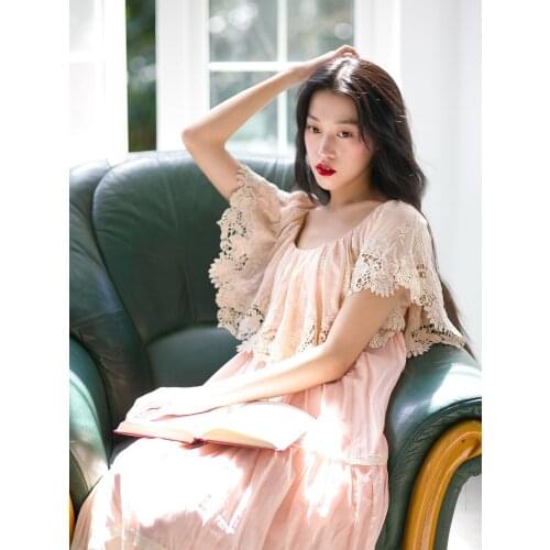 Free Shipping 2018 New Summer Princess Nightdress Womens Long Nightgown Pink and Green Pijamas Embroidery Cotton Slik Sleepwear