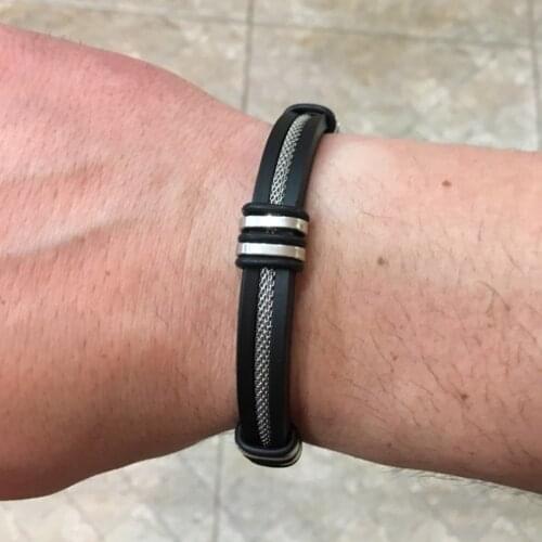 Business Mens Bracelet Black and White Striped Silicone Cuff Bracelet Stainless Steel Buckle Charm Male Gift Jewelry