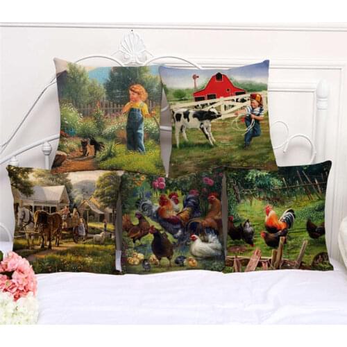Throw Pillow Cases Farm Life Cute Animals Fowl Cushion Cover 45x45cm Home Living Room Decoration Linen/Cotton Pillowcover Decor