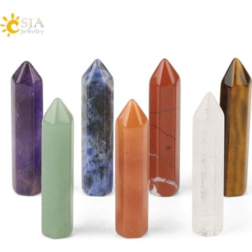 CSJA 7 Chakra Natural Stones Decoration Hexagonal Column Stone Set with Box Reiki Healing Point Pyramid Craft Home Ornament G188