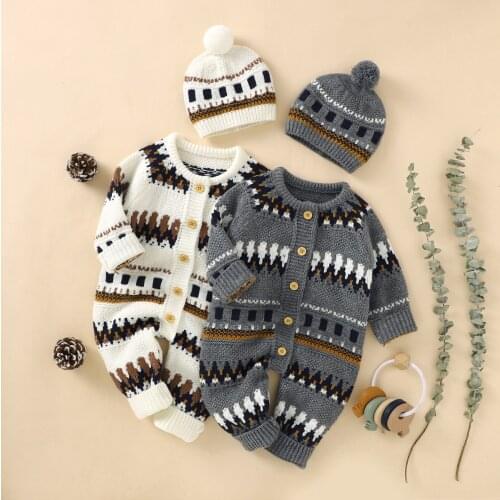 0-18M Baby Autumn Winter Clothing Infant Newborn Baby Girls Boys Romper Long Sleeve Cotton Knitted Jumpsuits+Cap Outfit