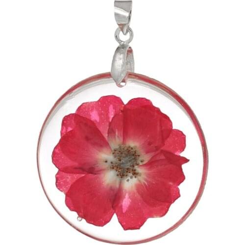 DoreenBeads Resin Charm Pendants Round Transparent Red Real Flower 44mm(1 6/8") x 32mm(1 2/8"), 3 PCs