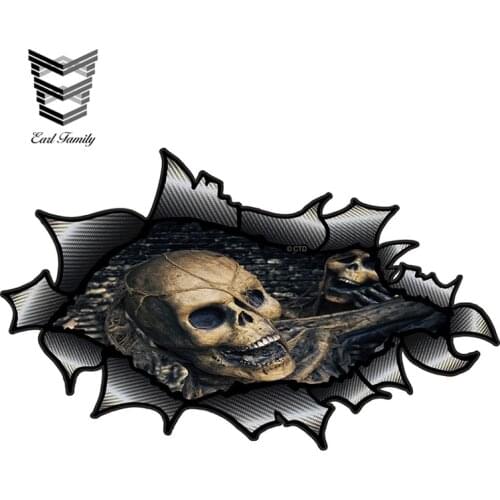 EARLFAMILY 13cm X 7.9cm Ripped Torn Carbon Fibre Fiber Design with Evil Gothic Skull Inside Motif External Vinyl 3D Car Stickers