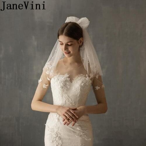 JaneVini Boho 2 Layers Pearls Wedding Veils with Comb Bride Short Big Bow Tulle Communion Bridal Veil Cut Edge velo de boda 2020