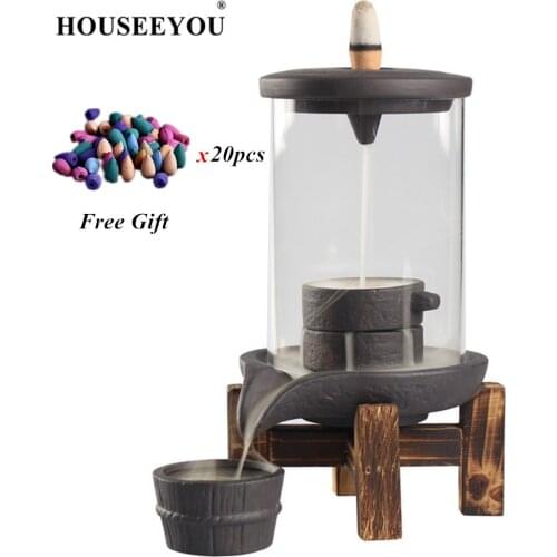 HOUSEEYOU Backflow Incense Burner with Acrylic Protective Cover Ceramic Smoke Waterfall Incense Holder Censer + 20Pcs Cones