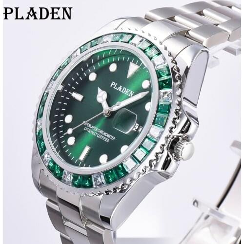 PLADEN Fashion Green Watches For Men Silver Stainlerss Steel Quartz Timepiece Business Diamond Bezel Clock Luminous Montre Homme
