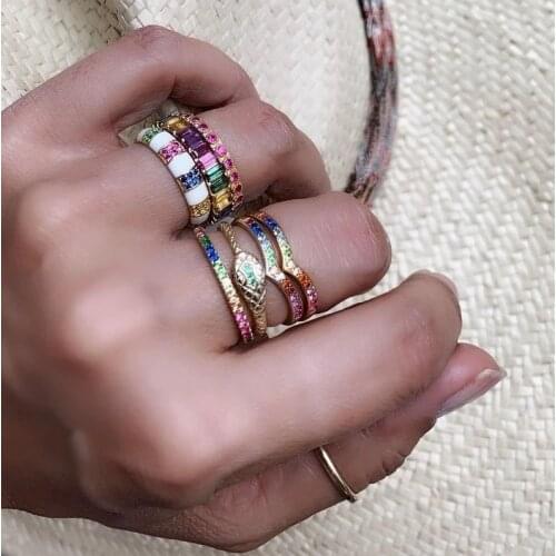 2021 New Fashion Rainbow Colorful Cz Paved Pastel Enamel Bambo Cz Eternity Band Rings For Women Girls Gifts Lucky Party Jewelry