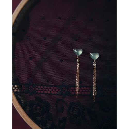 Original new diamond-studded natural ice chalcedony heart-shaped tassel earrings elegant charm creative retro silver jeweler