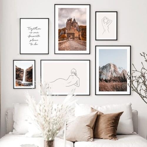 Autumn Castle Waterfall Line Body Abstract Wall Art Canvas Painting Nordic Posters And Prints Wall Pictures For Living Room