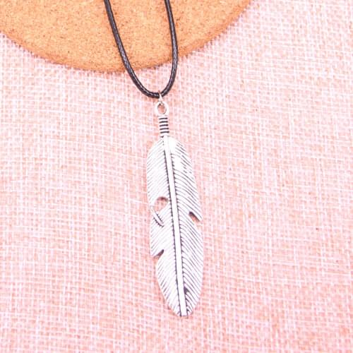 20Pcs Antique Silver Color feather Pendant 59*16mm Leather Chain Necklace Black Leather Cord Necklace