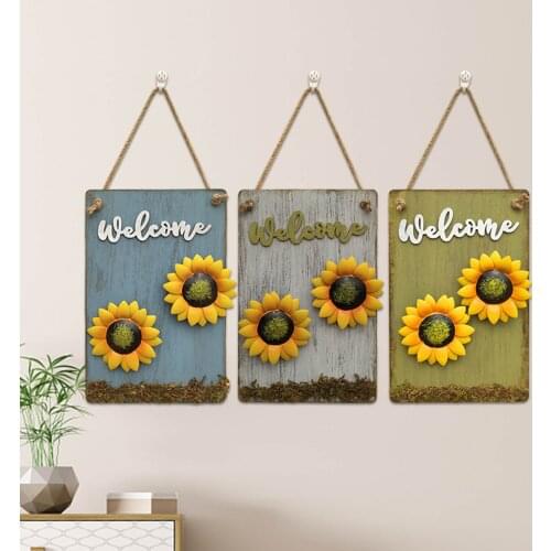 Rural Style Wood Wrought Iron Sunflower Welcome Sign Wall Hanging Board Living Room Bedroom Bar Wall Hanging Ornaments