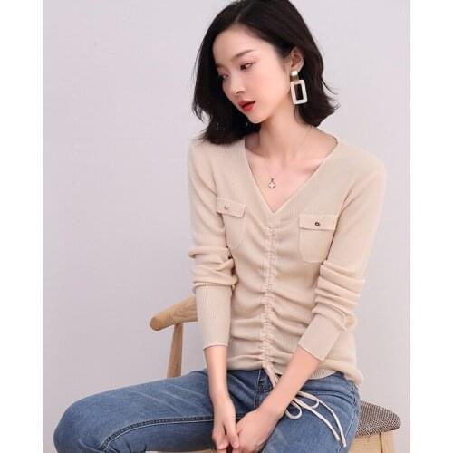Pull Oversize Femme Pullovers Autumn Women Basic Tops Buttons Pockets Design Long Sleeve V Neck Knitted Sweaters Female AA5063