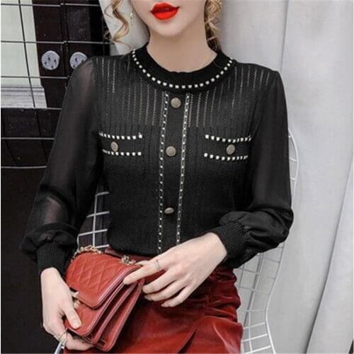 Threaded Mesh T-shirts Ladies Round neck Chiffon Bottoming Tshirt Hollow Pullover Tees Tops Autumn Temperament Womens T-shirts