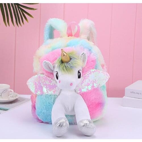 New Baby Kids Sequins 3D Unicorn Plush Backpack Toddler Winter Cartoon Schoolbag for Children Fur Unicorn Stuffed Toys for Girls