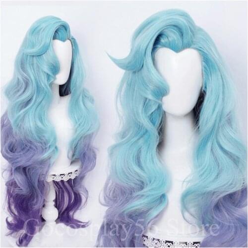 Seraphine Wig LoL Cosplay KDA Gradual Blue Purple Synthetic Hair 95cm Long Curly Wig Body Wave Women Wavy Seraphine Stickers