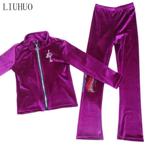 Figure Skating pants Jackets Velvet Purple Children Rhinestones Women Skiing ice skating Leggings for skating training trousers