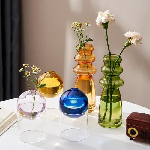 Nordic Home Glass Vase Decor Flower Pot Colorful Crystal Transparent Hydroponic Plant Flower Arrangement Terrarium Room Decor