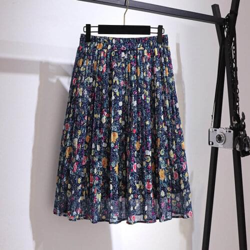 150Kg Plus size womens spring summer retro floral chiffon a-line skirt 5XL 6XL 7XL 8XL 9XL loose elastic waist skirt navy
