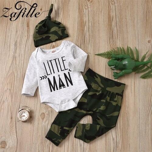 ZAFILLE 2021 Baby Boy Winter Clothes 0-12m Little Man Bodysuit Romper+Camouflage Pant+Hat Baby Clothes Outfits Newborns Sets