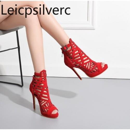 Womens Boots summer The New Fish mouth Open toe Hollow zipper Metal Decoration Fine heel High heel Womens shoe plus size 29-52