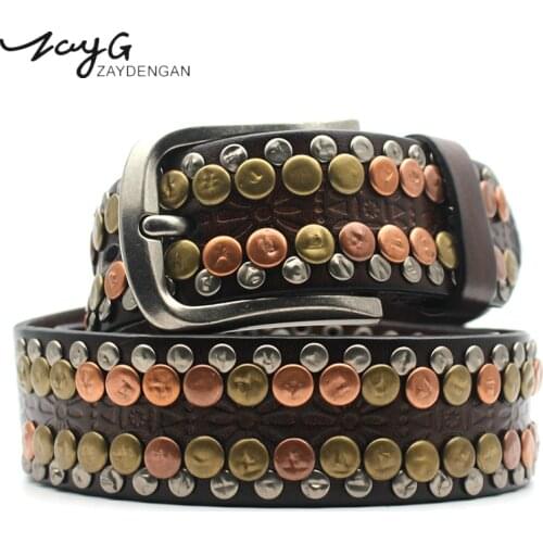 ZAYG Fashion Hip-hop Color Rivet Neutral High Quality Belts Pin Buckle Straps National Wind Leather Unique Inlaid Jeans Belts