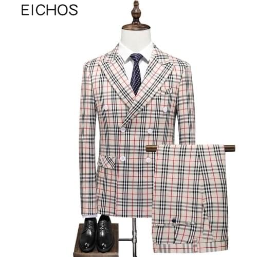 Three-piece Formal Business Plaids Suit 2021 Slim Fit Costume Homme Mariage Double breasted Wedding Dress Suit