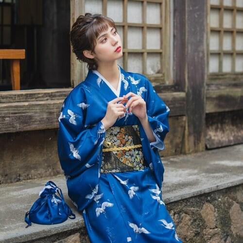 Womens Yukata Traditional Japan Kimono Robe Photography Dress Cosplay Costume Dark Blue Color Crane Prints Vintage Clothing