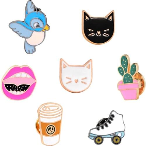 9 Style Fashion Cartoon Bird Cute Cat Coffee Potted Plants Shoe Lips Enamel Brooch Pins Denim Collar Hat Bag Decoration Brooches