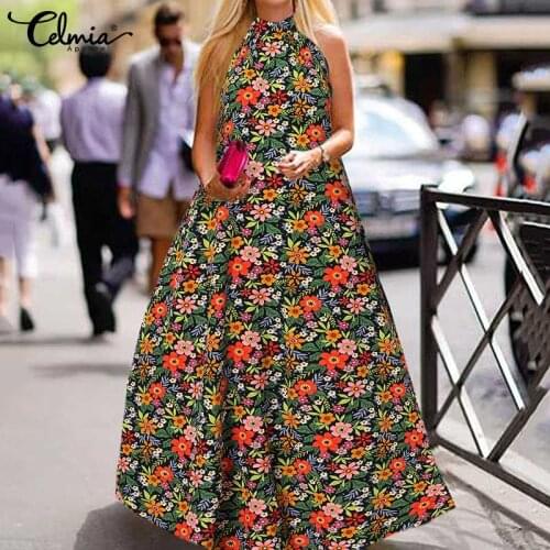Celmia Bohemian Maxi Dress 2021 Summer Women Floral Printed Sleeveless Sexy Halter Sundress Casual Baggy Party Long Vestidos 5XL