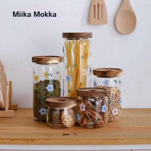 Wood Lid Glass Airtight Canister Kitchen Storage Bottles Jar Sealed Food Container Tea Coffee Beans Grains Candy Jars Orgnizer