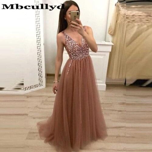 Mbcullyd Sexy V Neck Long Prom Dresses 2020 Glitter Beading African Evening Party Dress Formal A-line Tulle Robe De Soire