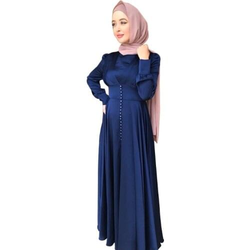 Women Islamic Ramadan Long Sleeve Satin Maxi Dress Button Front High Waist Pleated Slim Abaya Dubai Party Solid Color Long MXMB