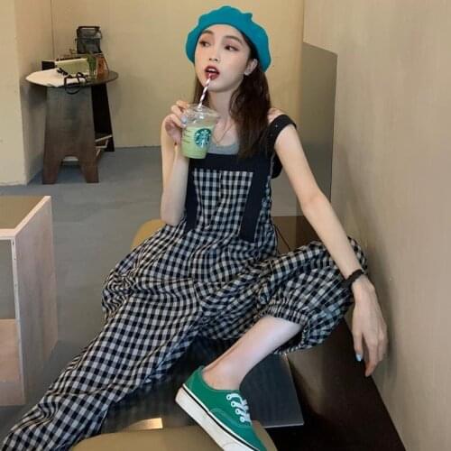 Plaid Streetwear Strap Jumpsuits Joggers Women Y2k Loose Sweatpants Casual Chic Harem Pants Print Baggy Chic Jumpsuits Female