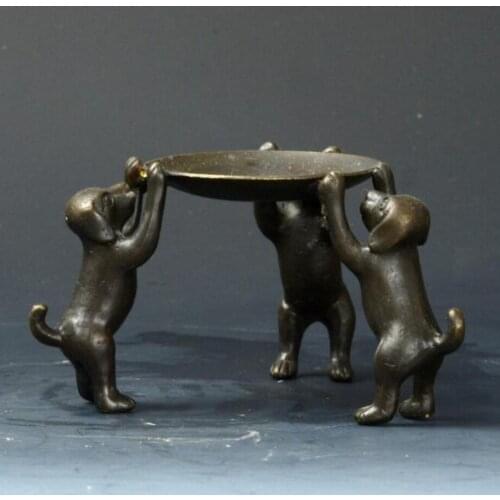 Copper Statue Collectible Decorated Old Handwork Bronze Carved 3 Dogs Climb Plate Candle Stick