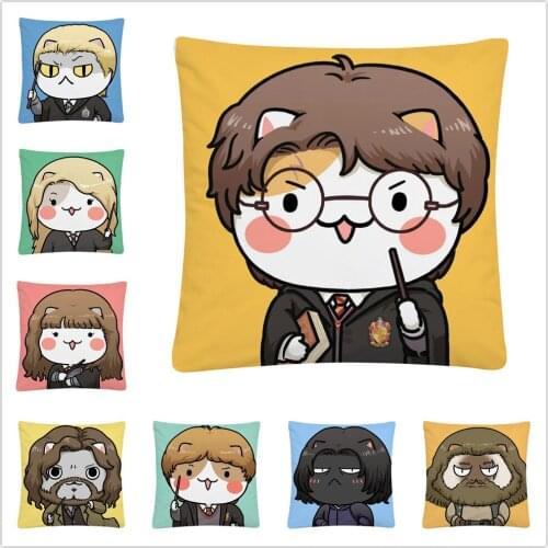 Cat Anime Wizard Princess Cartoon Pattern Soft Short Plush Cushion Cover Pillowcase Home Sofa Car Decoration Pillowcase 45X45Cm