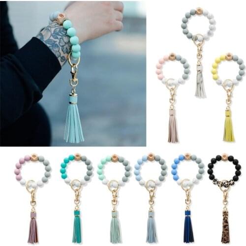 Natural Wood Eye Charm Bracelet keychain Wristlet Leather Tassel Food Grade Silicone Bead Key Ring Bracelet for Women X4YA